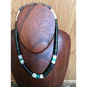 Vtg Heishi Necklace Shell Disc & Turquoise Beads With Various Other Gemstones